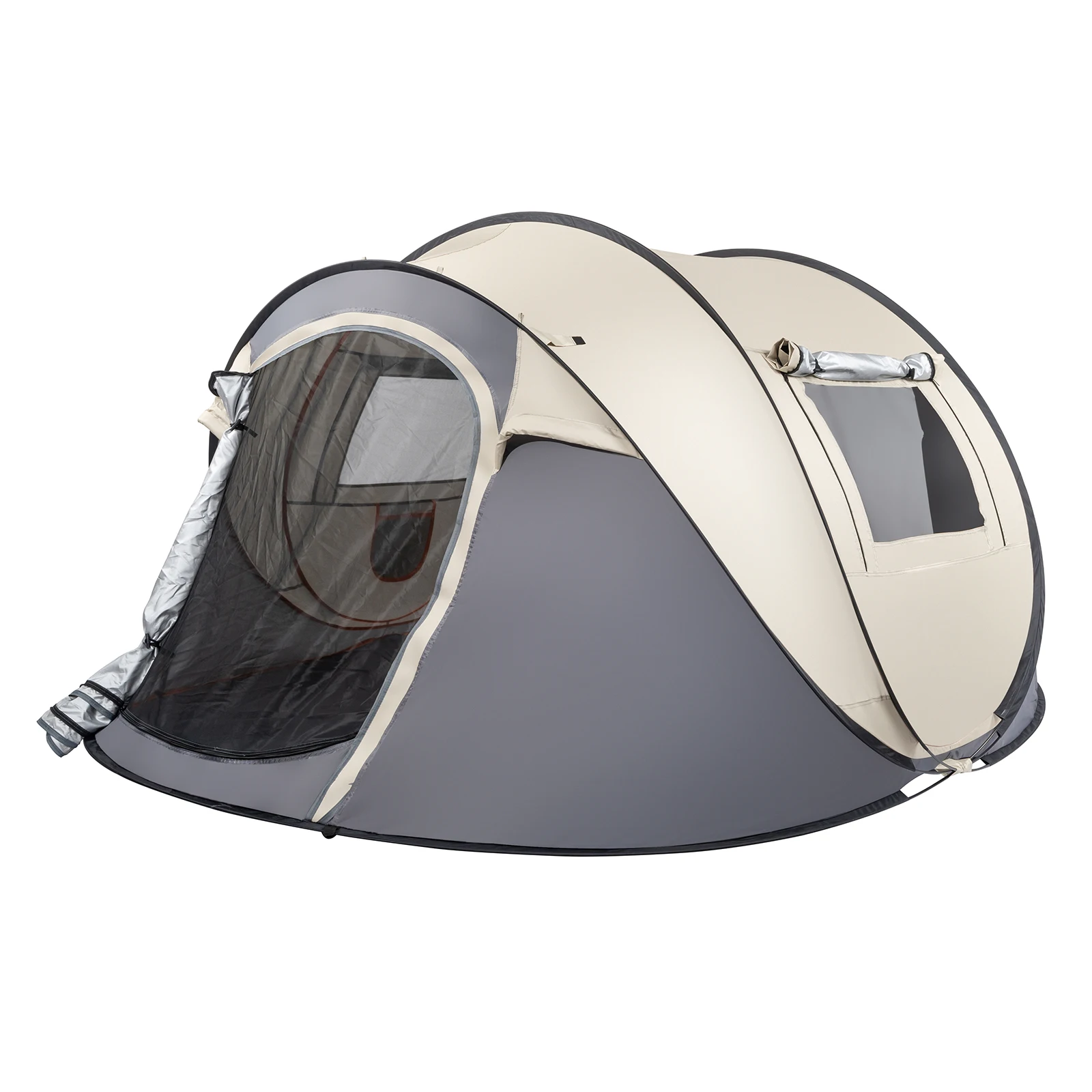 4 Person Pop Up Tent Instant Setup Family Camping Portable Waterproof 190T Polyester Fiberglass Poles with Vestibule Khaki