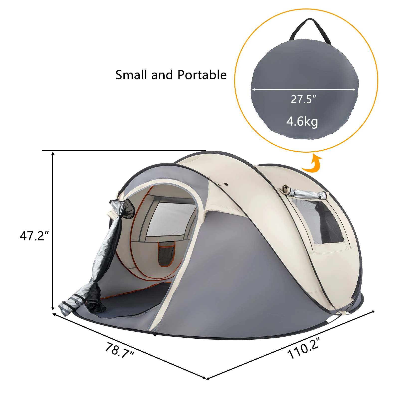 4 Person Pop Up Tent Instant Setup Family Camping Portable Waterproof 190T Polyester Fiberglass Poles with Vestibule Khaki