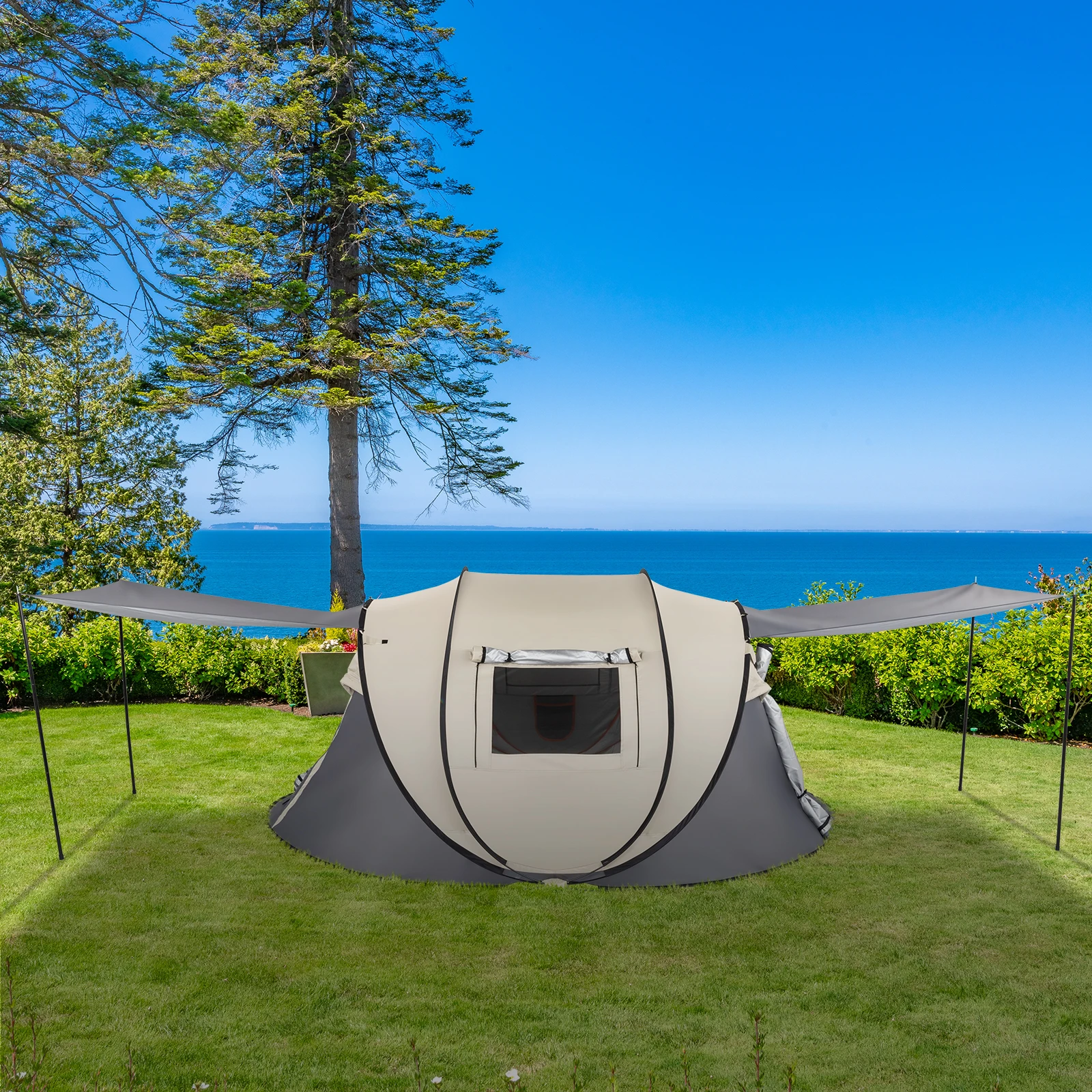 4 Person Pop Up Tent Instant Setup Family Camping Portable Waterproof 190T Polyester Fiberglass Poles with Vestibule Khaki