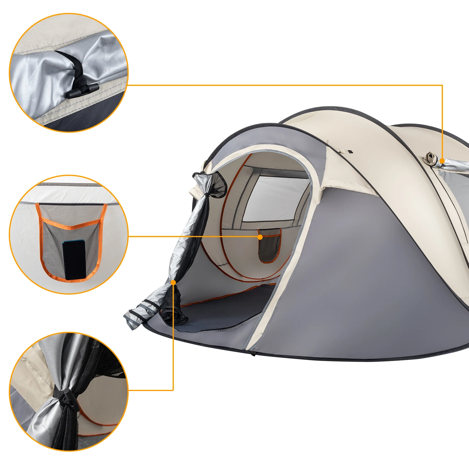 4 Person Pop Up Tent Instant Setup Family Camping Portable Waterproof 190T Polyester Fiberglass Poles with Vestibule Khaki