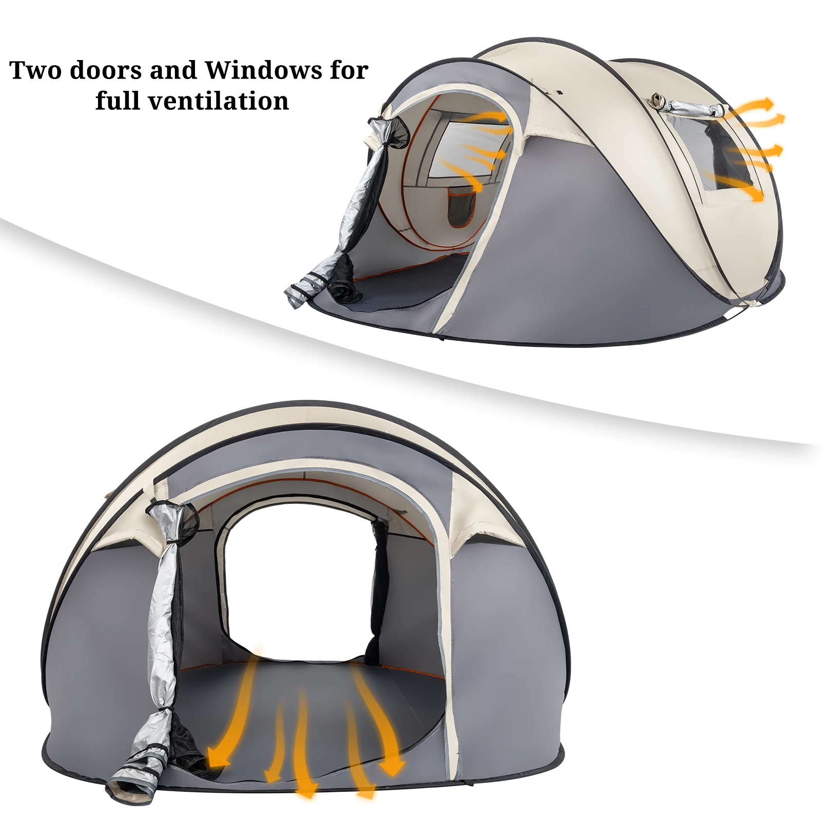 4 Person Pop Up Tent Instant Setup Family Camping Portable Waterproof 190T Polyester Fiberglass Poles with Vestibule Khaki