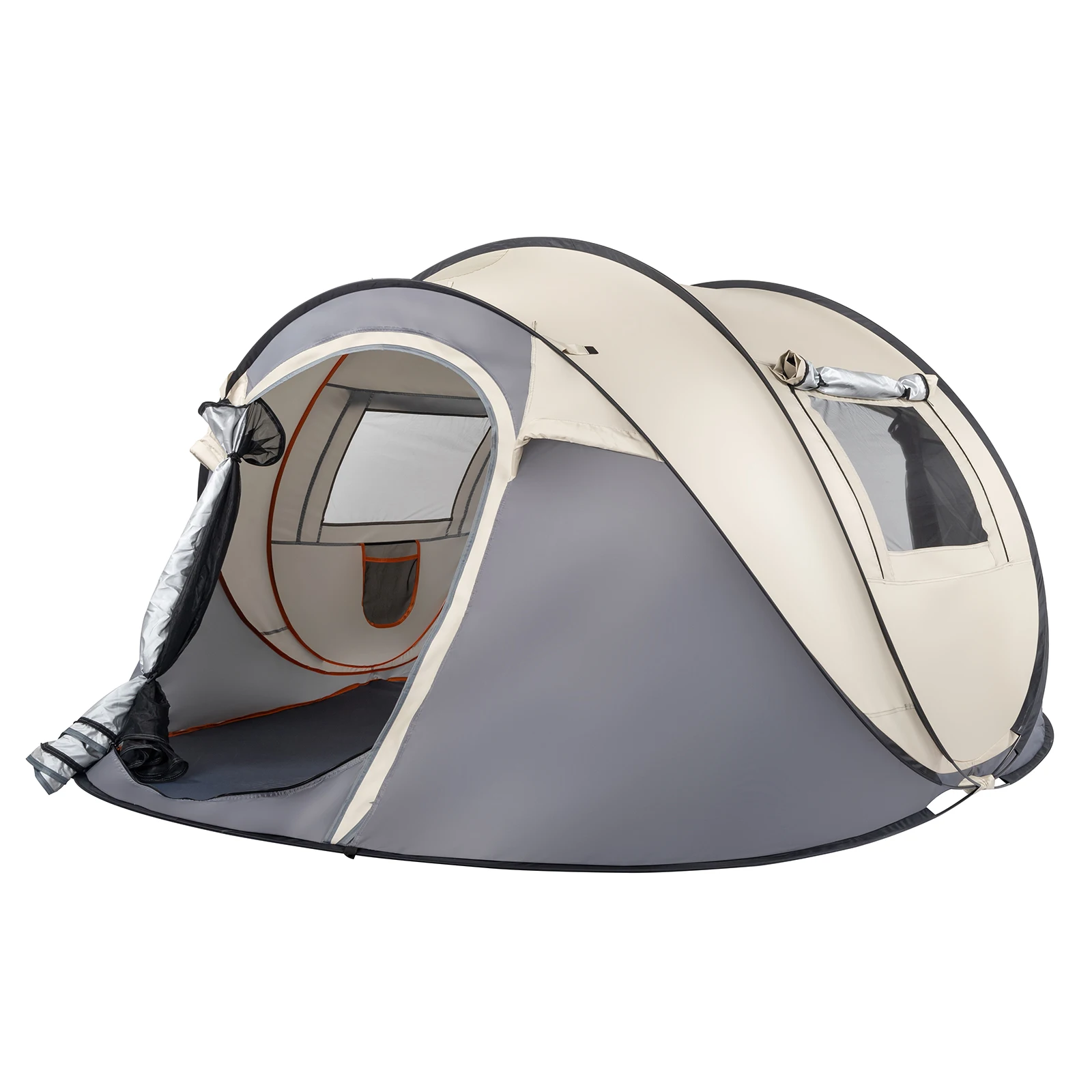 4 Person Pop Up Tent Instant Setup Family Camping Portable Waterproof 190T Polyester Fiberglass Poles with Vestibule Khaki
