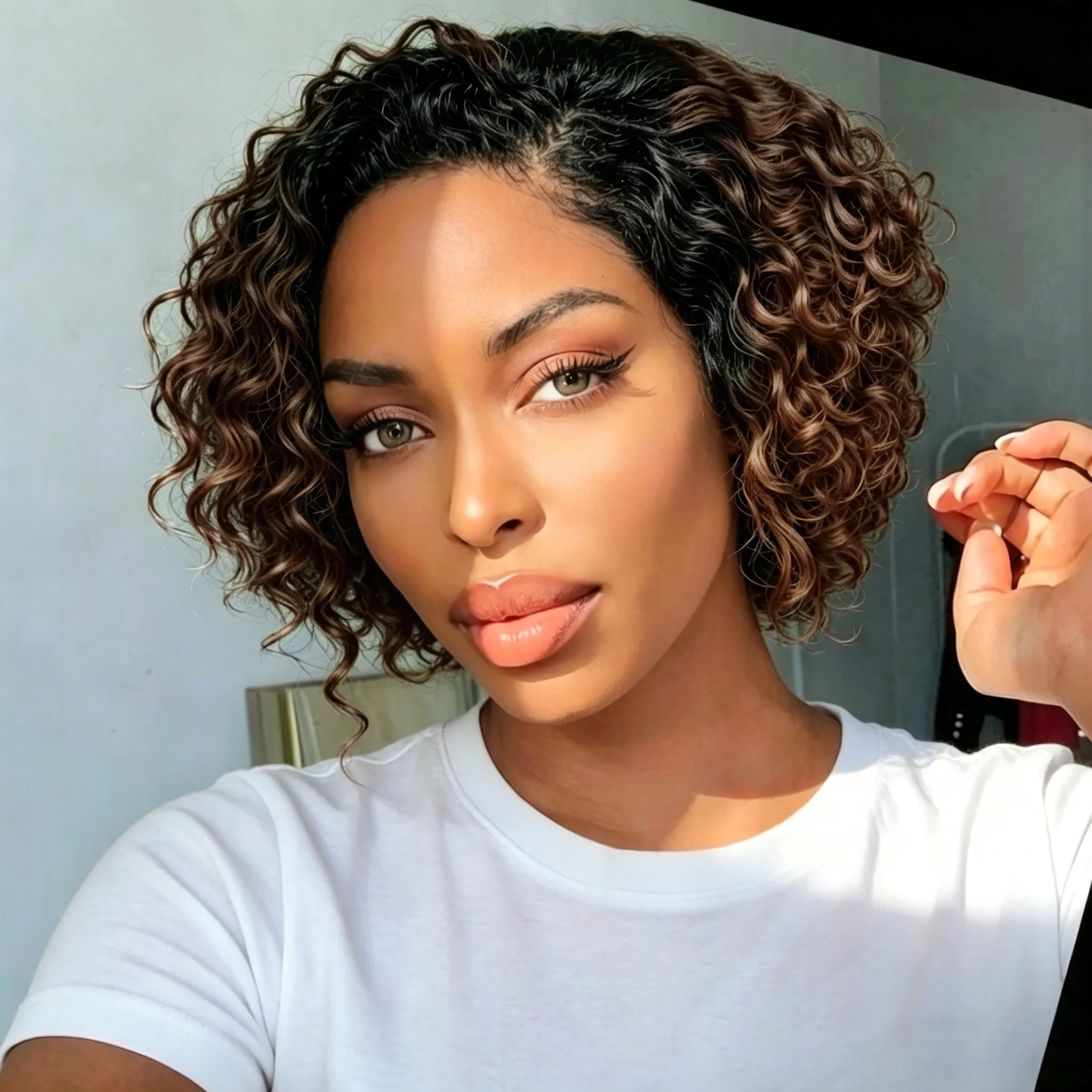 13X4 Lace Front Wigs Human Hair Curly Pixie Bob Wigs 8 Inches Natural Short Hair Style 180% Density