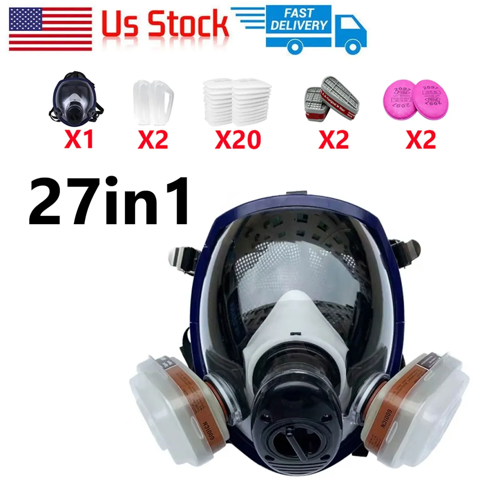 Multipurpose Full Gas Mask 3 Ports Spherical Super Clear Fully Sealed Protective for Spray Paint Industrial Pollution