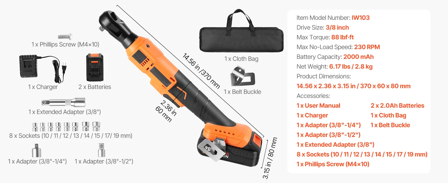 SucceBuy Cordless Ratchet Wrench Battery Powered Electric Wrench Set with Batteries Charger Sockets Adaptor and Carrying Case
