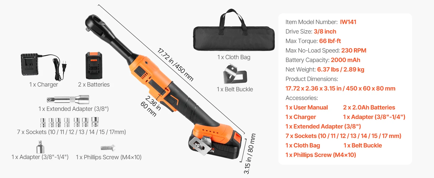 SucceBuy Cordless Ratchet Wrench Battery Powered Electric Wrench Set with Batteries Charger Sockets Adaptor and Carrying Case