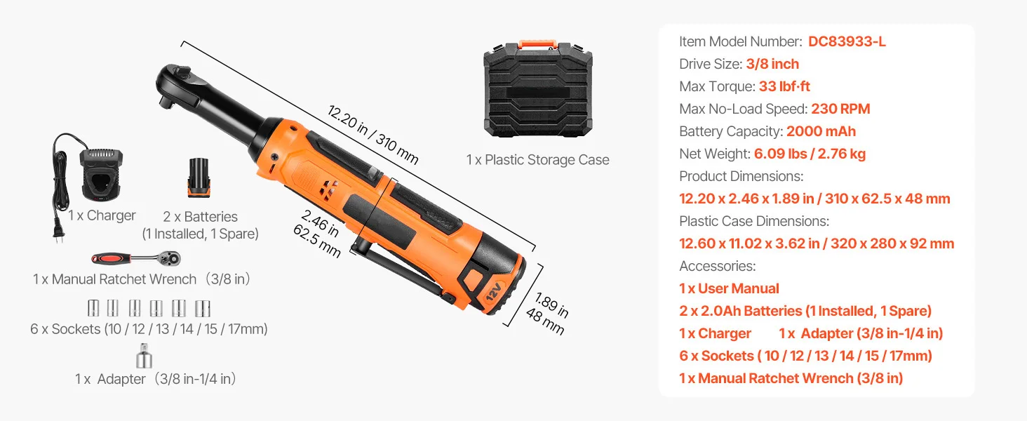 SucceBuy Cordless Ratchet Wrench Battery Powered Electric Wrench Set with Batteries Charger Sockets Adaptor and Carrying Case