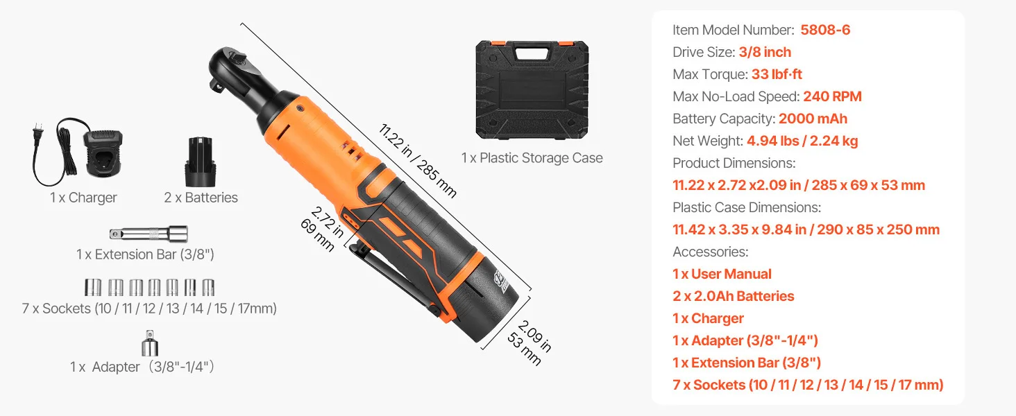 SucceBuy Cordless Ratchet Wrench Battery Powered Electric Wrench Set with Batteries Charger Sockets Adaptor and Carrying Case