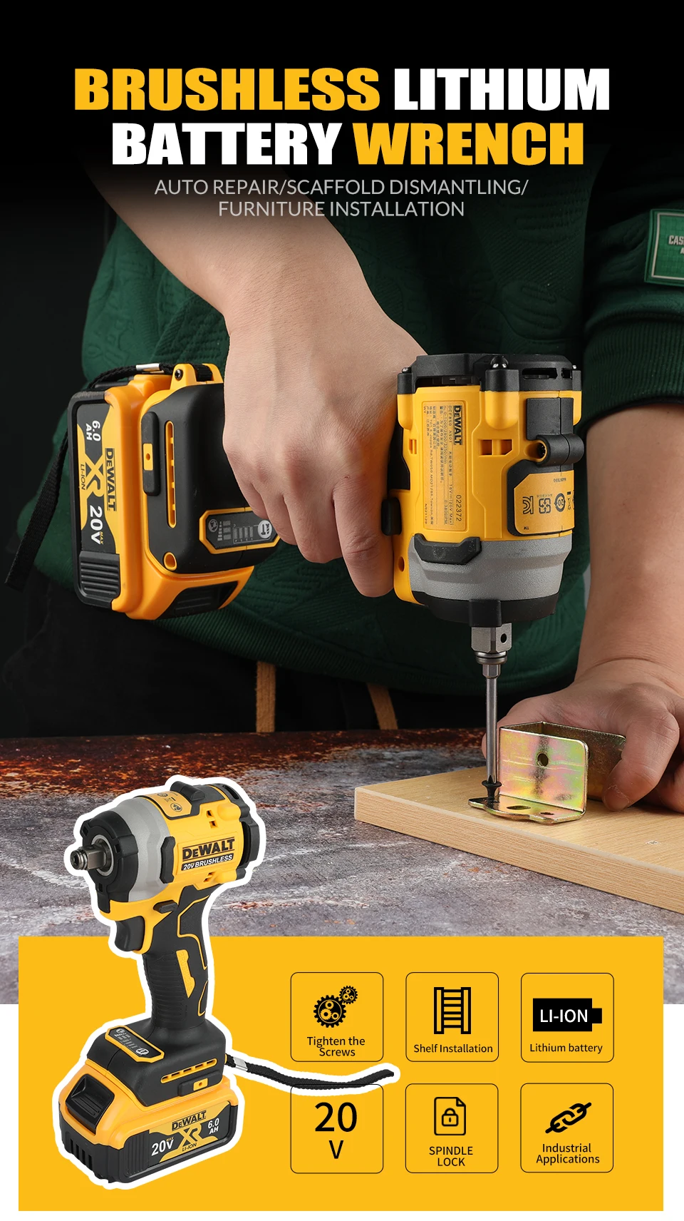 Dewalt DCF850 Rechargeable Cordless 20V Cordless Impact Wrench, Lithium Electric Battery, Power Tools, Original Large Torque