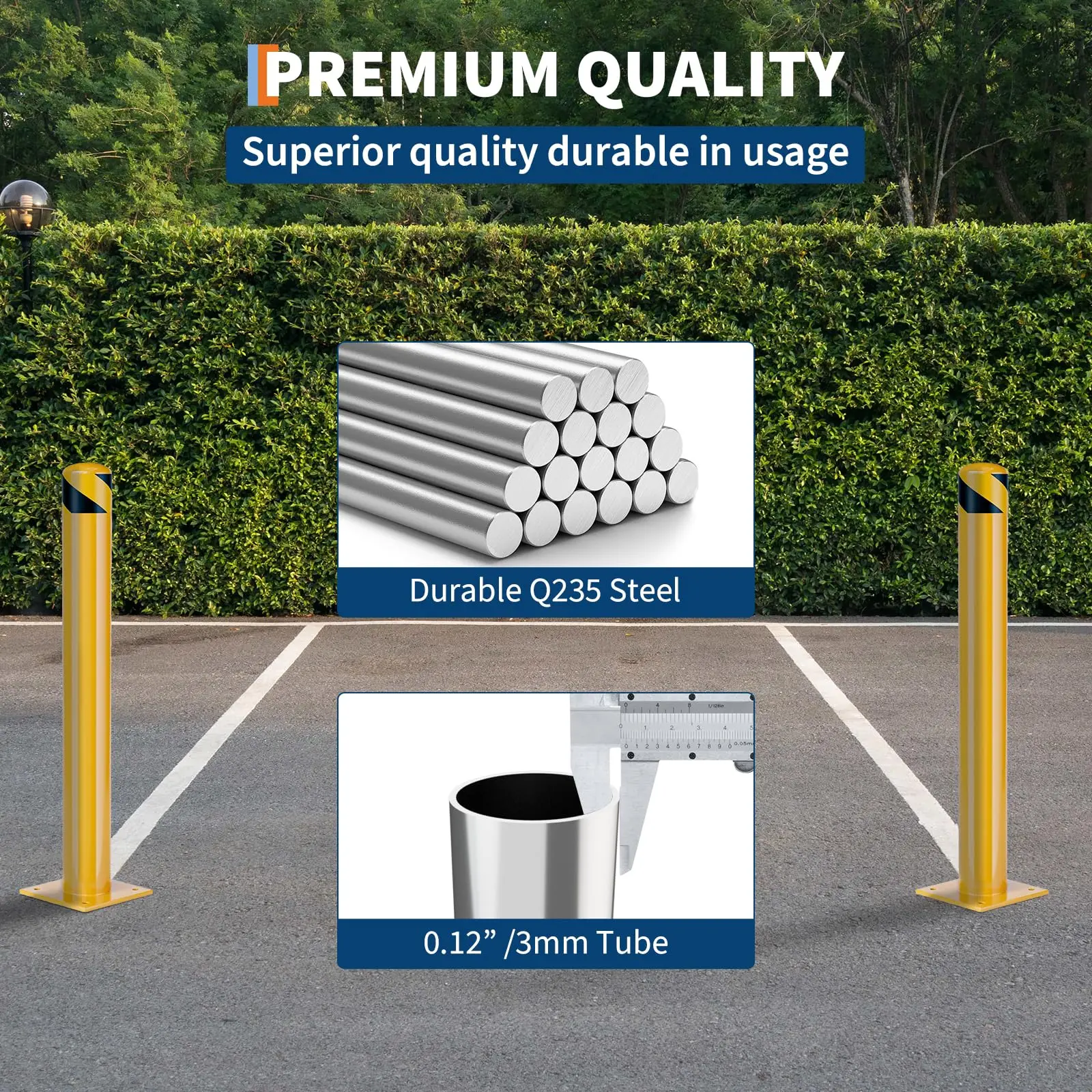 2 Pack Heavy Duty Steel Safety Bollards 42 Inch Removable Parking Post with Reflective Tape Anchor Bolts 4.5 Inch Diameter for Warehouse Garage Driveway Parking Lot