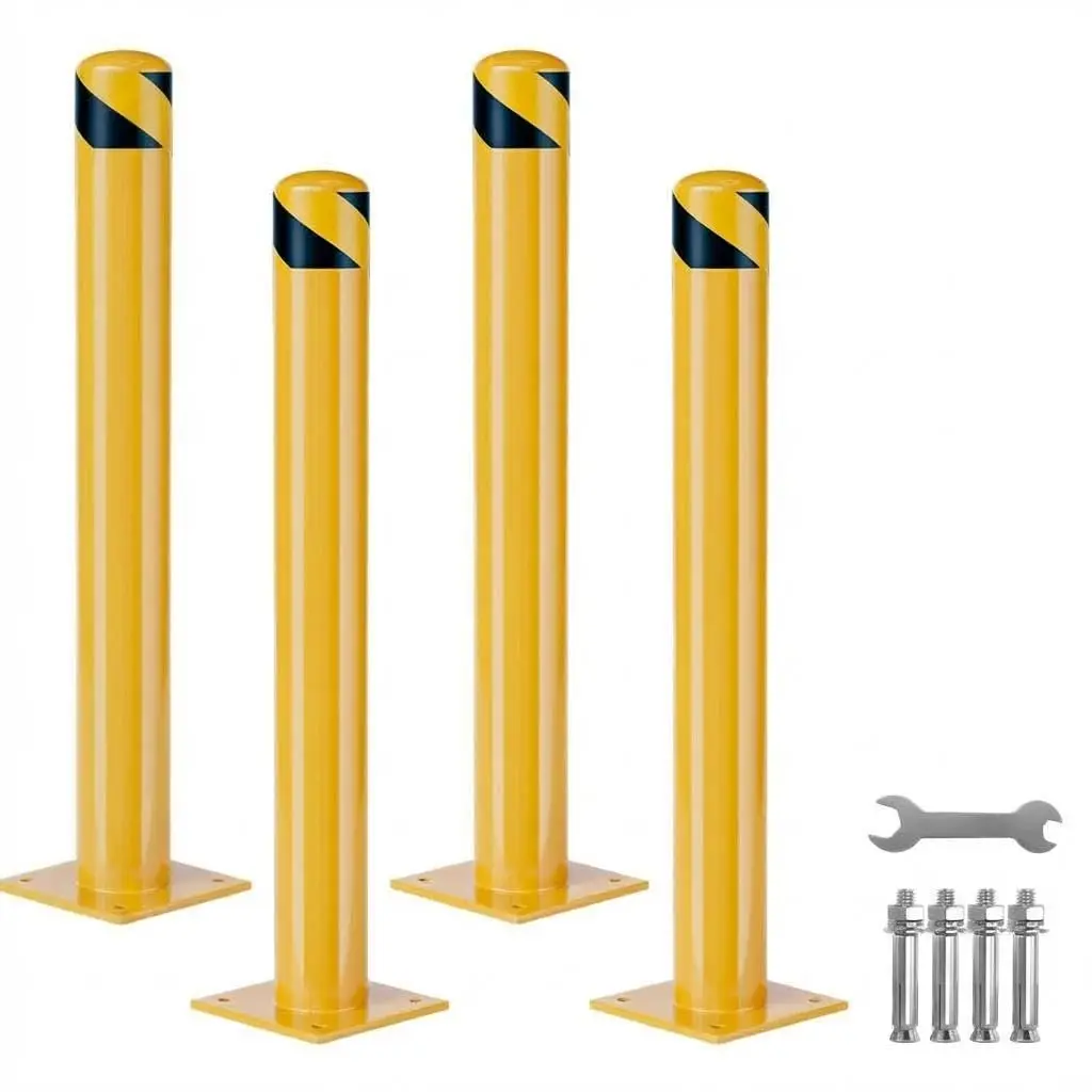 2 Pack Heavy Duty Steel Safety Bollards 42 Inch Removable Parking Post with Reflective Tape Anchor Bolts 4.5 Inch Diameter for Warehouse Garage Driveway Parking Lot