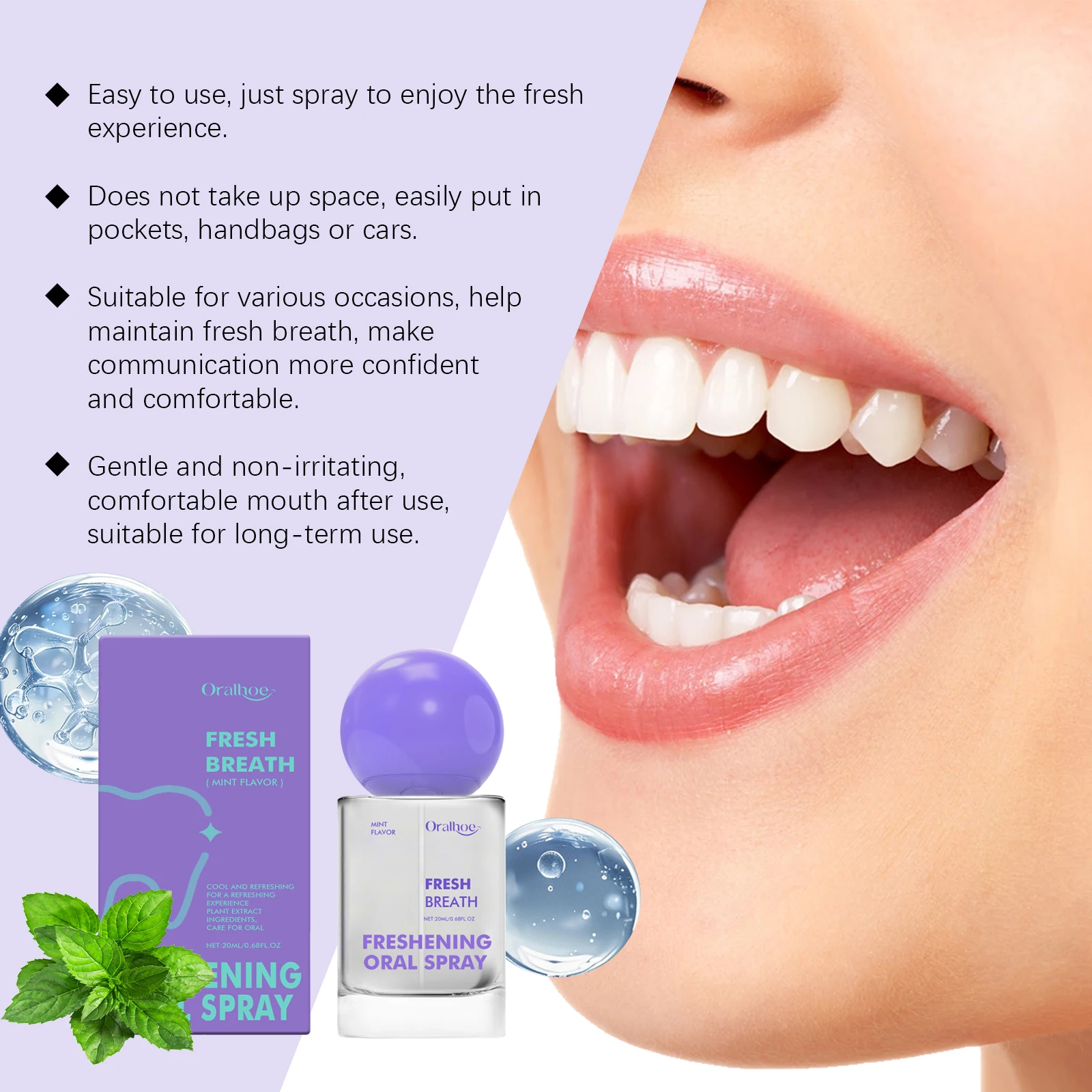Mint Flavor Oral Spray Long-Lasting Freshness Bad Oral Odor Removal Teeth Cleaning Travel-Sized Portable Mouth Breath Freshener