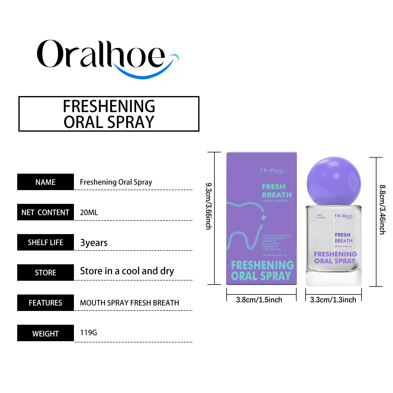 Mint Flavor Oral Spray Long-Lasting Freshness Bad Oral Odor Removal Teeth Cleaning Travel-Sized Portable Mouth Breath Freshener