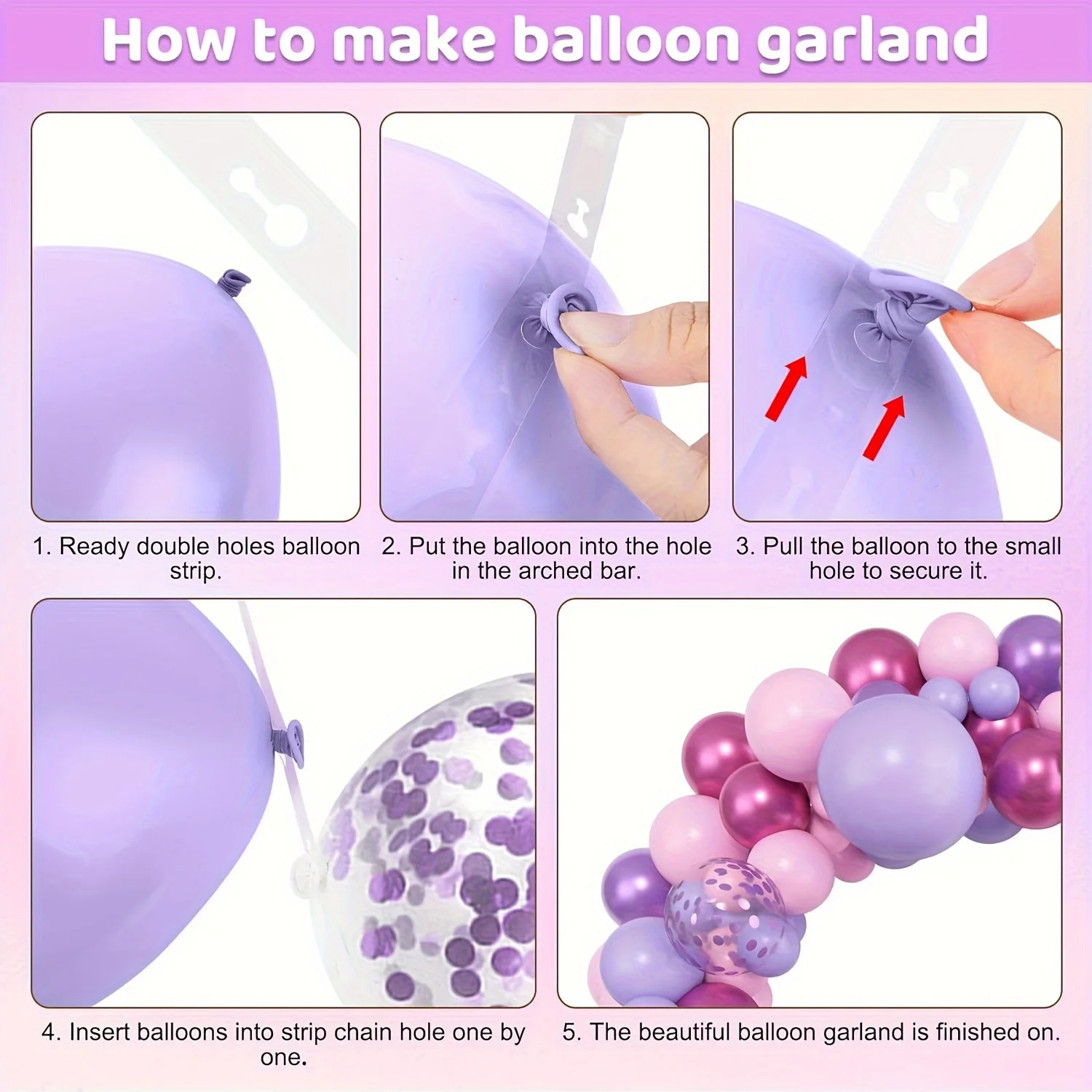 147pcs Balloon Garland Arch Set in Pink And Purple, Featuring Various Sizes of Balloons (18, 12, 10, And 5 Inches) in Pink, Purple, Red, And Metallic Confetti for Celebrations Like Birthdays And Brida