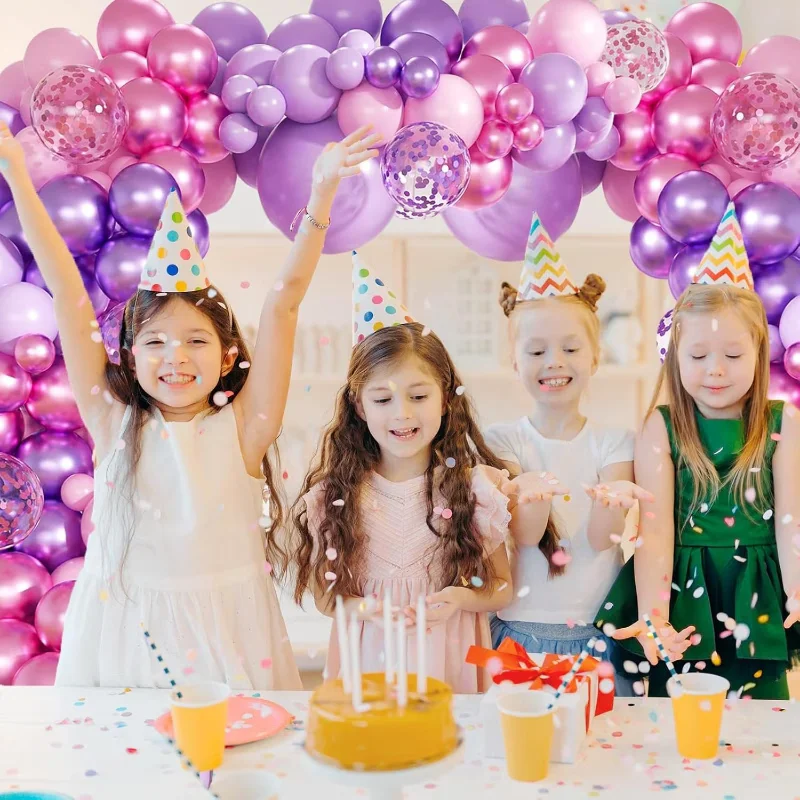 147pcs Balloon Garland Arch Set in Pink And Purple, Featuring Various Sizes of Balloons (18, 12, 10, And 5 Inches) in Pink, Purple, Red, And Metallic Confetti for Celebrations Like Birthdays And Brida