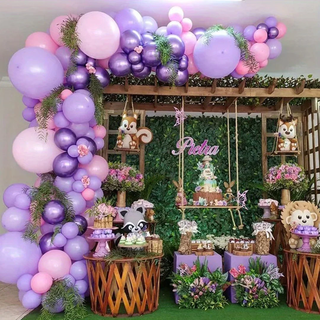 147pcs Balloon Garland Arch Set in Pink And Purple, Featuring Various Sizes of Balloons (18, 12, 10, And 5 Inches) in Pink, Purple, Red, And Metallic Confetti for Celebrations Like Birthdays And Brida