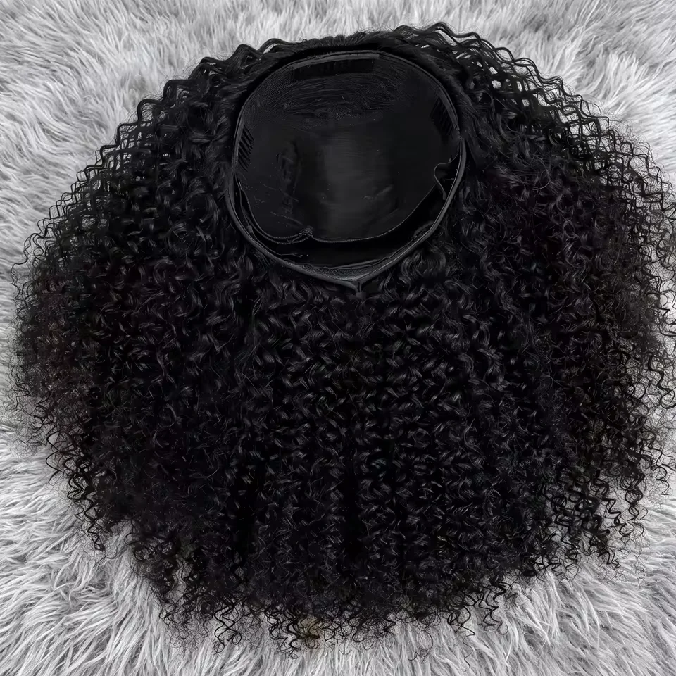 Half Wig Adjustable Drawstring Wig Cap Glueless Wig 250% Density Jerry Curly Natural Black Human Hair Wigs