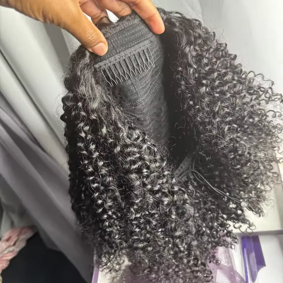 Half Wig Adjustable Drawstring Wig Cap Glueless Wig 250% Density Jerry Curly Natural Black Human Hair Wigs