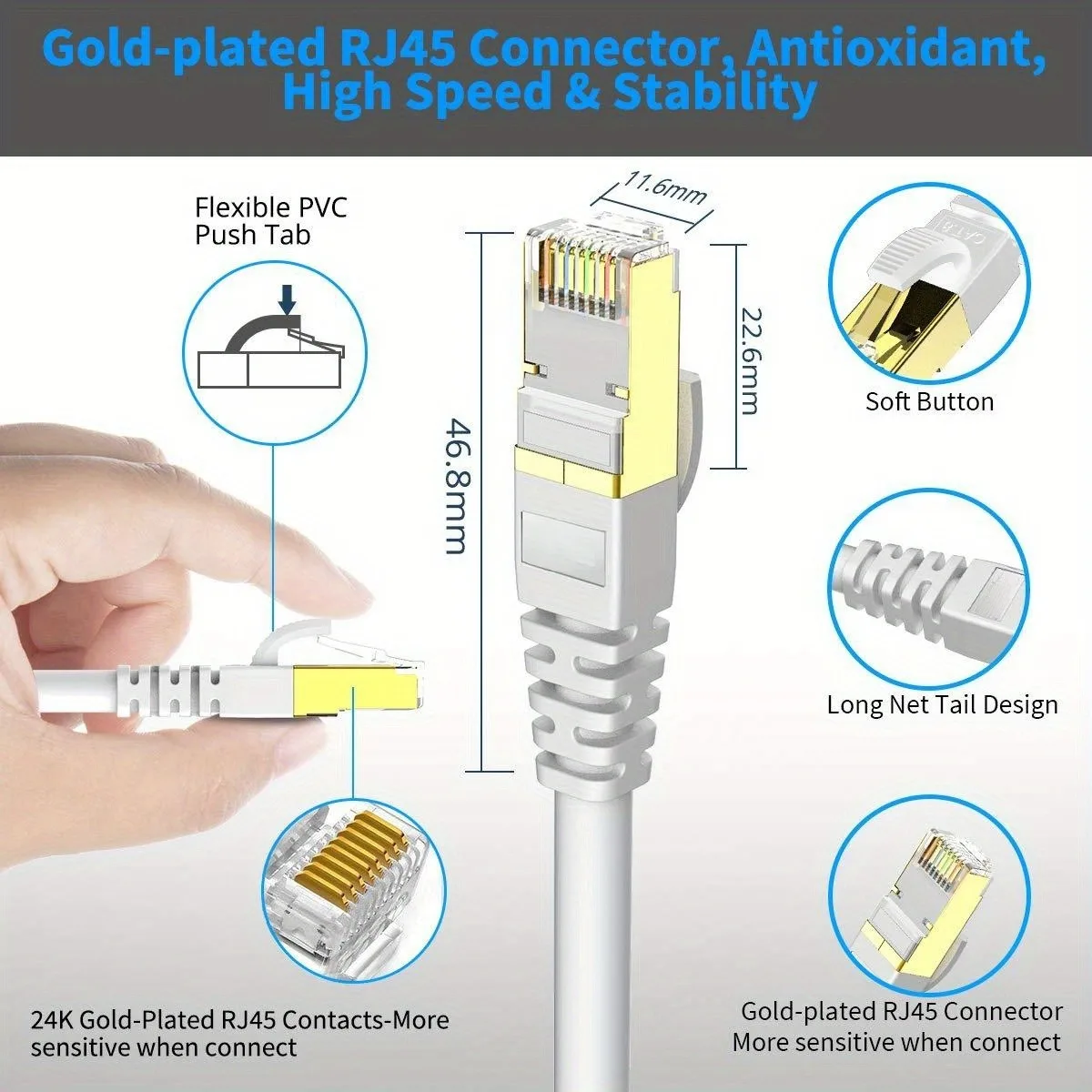 Cat8 Round Cable, High Speed Heavy Duty Internet Connection Cable, 40Gbps 2000MHz High Speed, Patch Cord With Gold-plated RJ45 Connector, Suitable For Routers/gaming/computer LAN Network Cables, Supports S/FTP. Black And White.
