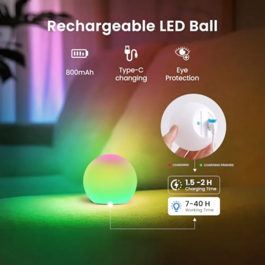 3-inch Rechargeable LED Ball Lights, Sphere Night Light with 16 Colors, 4 Modes, Color Change Mood Lighting, Waterproof Floatin