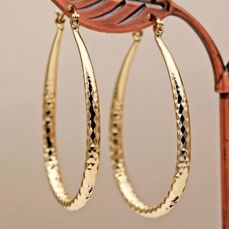 Rhombus Pattern Golden Hoop Earrings Retro Bohemian Style Copper 14K Golden Plated Jewelry Trendy Female Gift