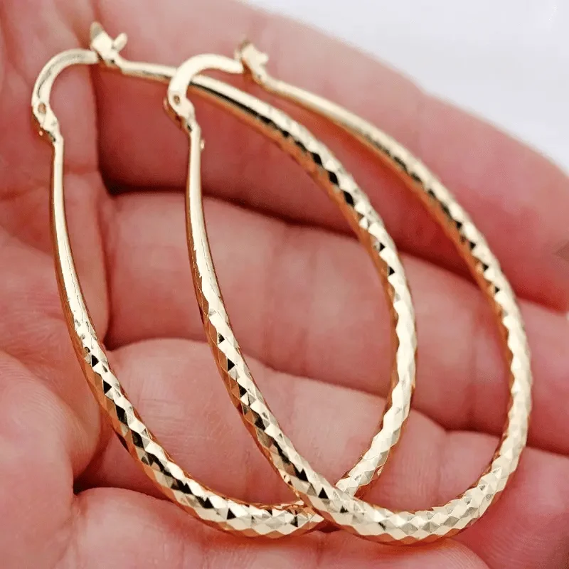 Rhombus Pattern Golden Hoop Earrings Retro Bohemian Style Copper 14K Golden Plated Jewelry Trendy Female Gift