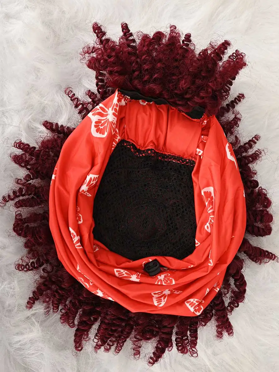 Headband Wig Curly Headband Wig With Bangs For Women Synthetic Afro Curly Hair Wig With Headband Attached Short Kinky Curly Afro High Puff With Bangs Stripes Short Red Curly Wigs with Bangs for Women, Natural Wavy Synthetic Wig, Fluffy Pixie Cut