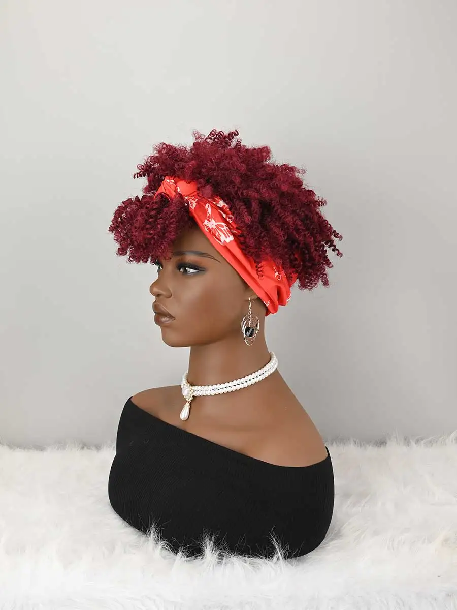 Headband Wig Curly Headband Wig With Bangs For Women Synthetic Afro Curly Hair Wig With Headband Attached Short Kinky Curly Afro High Puff With Bangs Stripes Short Red Curly Wigs with Bangs for Women, Natural Wavy Synthetic Wig, Fluffy Pixie Cut