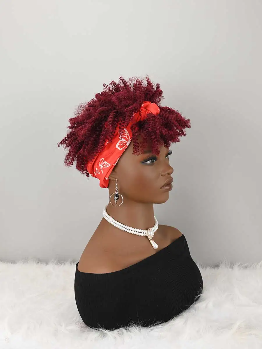 Headband Wig Curly Headband Wig With Bangs For Women Synthetic Afro Curly Hair Wig With Headband Attached Short Kinky Curly Afro High Puff With Bangs Stripes Short Red Curly Wigs with Bangs for Women, Natural Wavy Synthetic Wig, Fluffy Pixie Cut