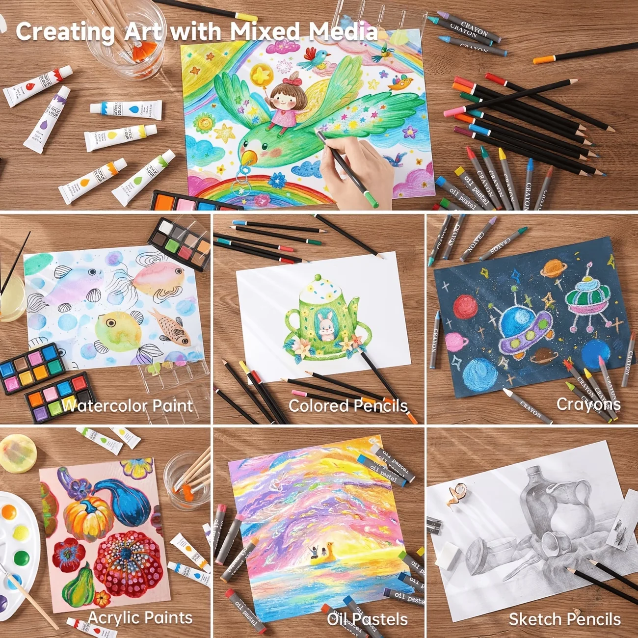 142-Pack Deluxe Wooden Art Set, With Paint Brushes, Colored Pencils, Solid Gouache, Crayons, Wooden Storage Case, All-in-One Kit For Back To School Gift & Outdoor Travel Sketching