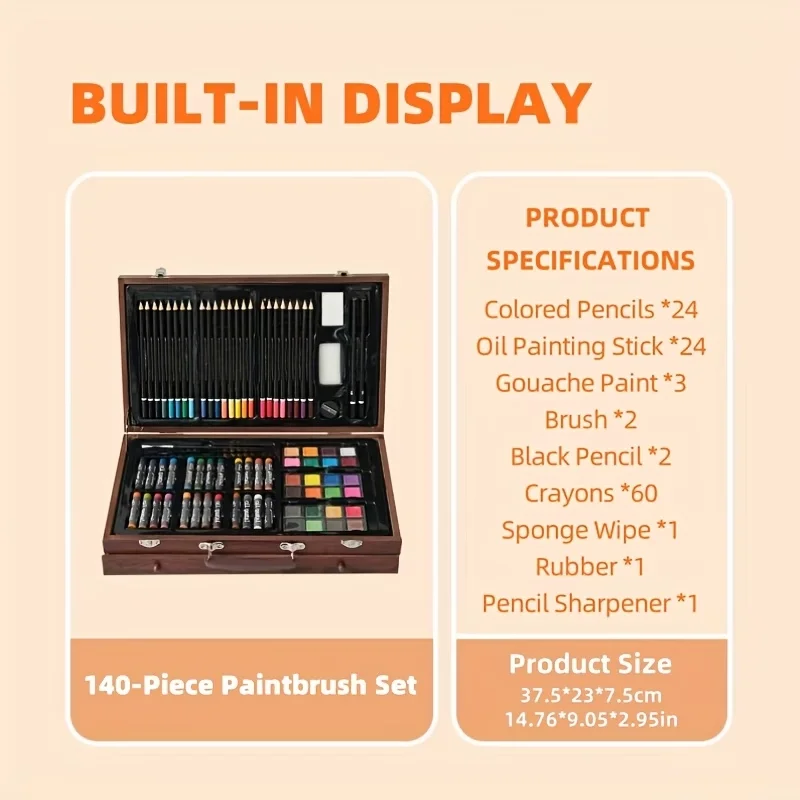 142-Pack Deluxe Wooden Art Set, With Paint Brushes, Colored Pencils, Solid Gouache, Crayons, Wooden Storage Case, All-in-One Kit For Back To School Gift & Outdoor Travel Sketching