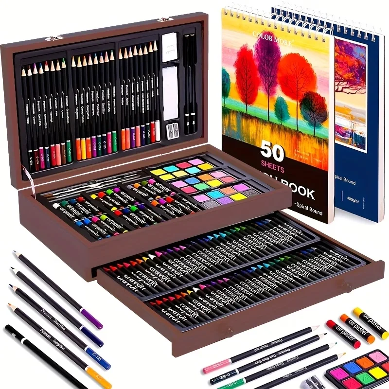 142-Pack Deluxe Wooden Art Set, With Paint Brushes, Colored Pencils, Solid Gouache, Crayons, Wooden Storage Case, All-in-One Kit For Back To School Gift & Outdoor Travel Sketching