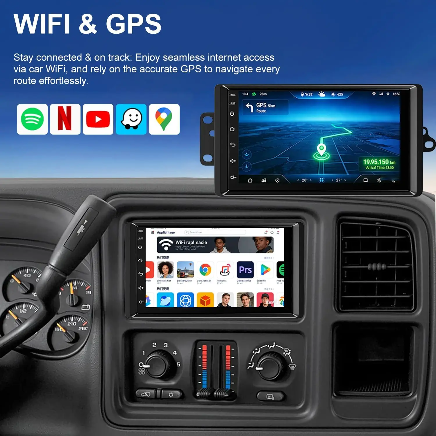 7inch Android 13 Touch Screen Car Stereo Radio 2+64GB GPS Navigation For Chevy Silverado 1500/2500/3500 2003-2006 Tahoe 2003-2006 GMC Sierra 1500/2500/3500 2003-2006 Yukon 2004-2006 Support CarPlay Backup Camera Bluetooth AHD Camera 5GWiFi FM DSP SWC