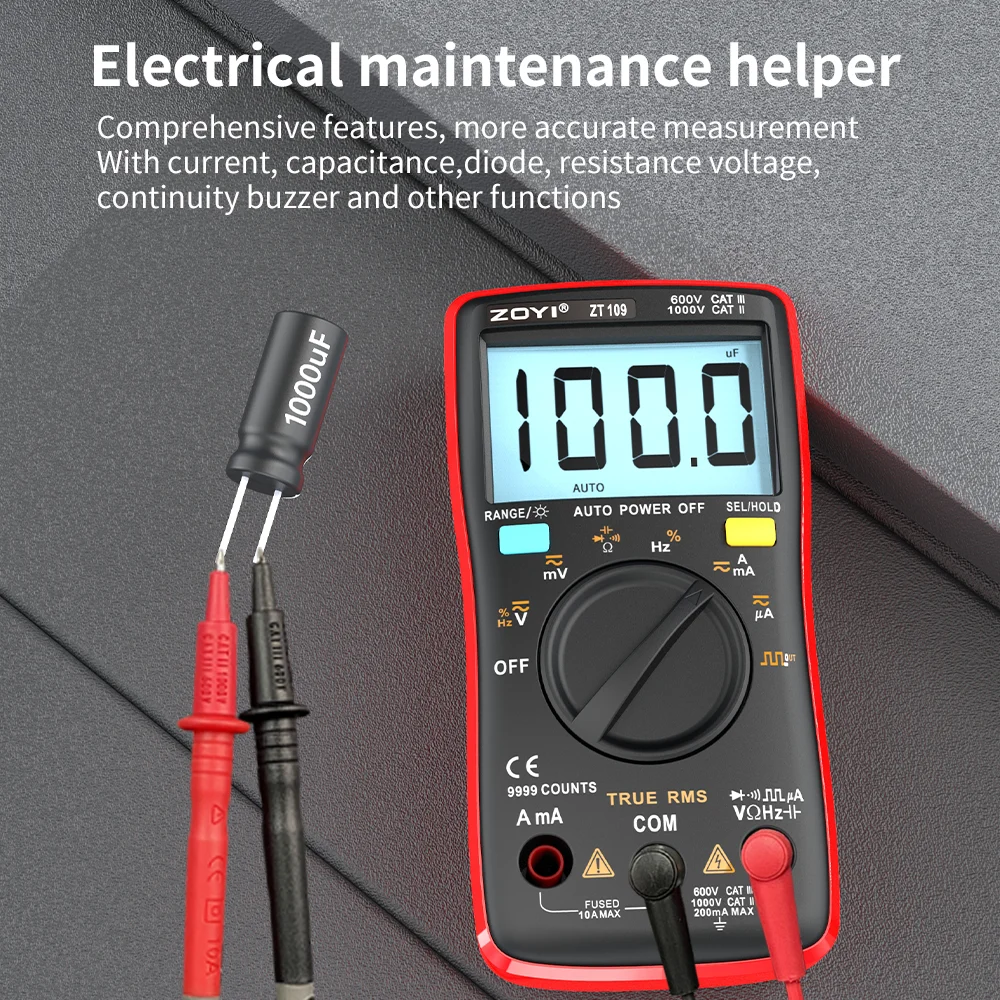 ZOYI ZT-109 Auto Range Multimeter High Precision Digital Mini Voltage Current Resistance Square Wave Measurement