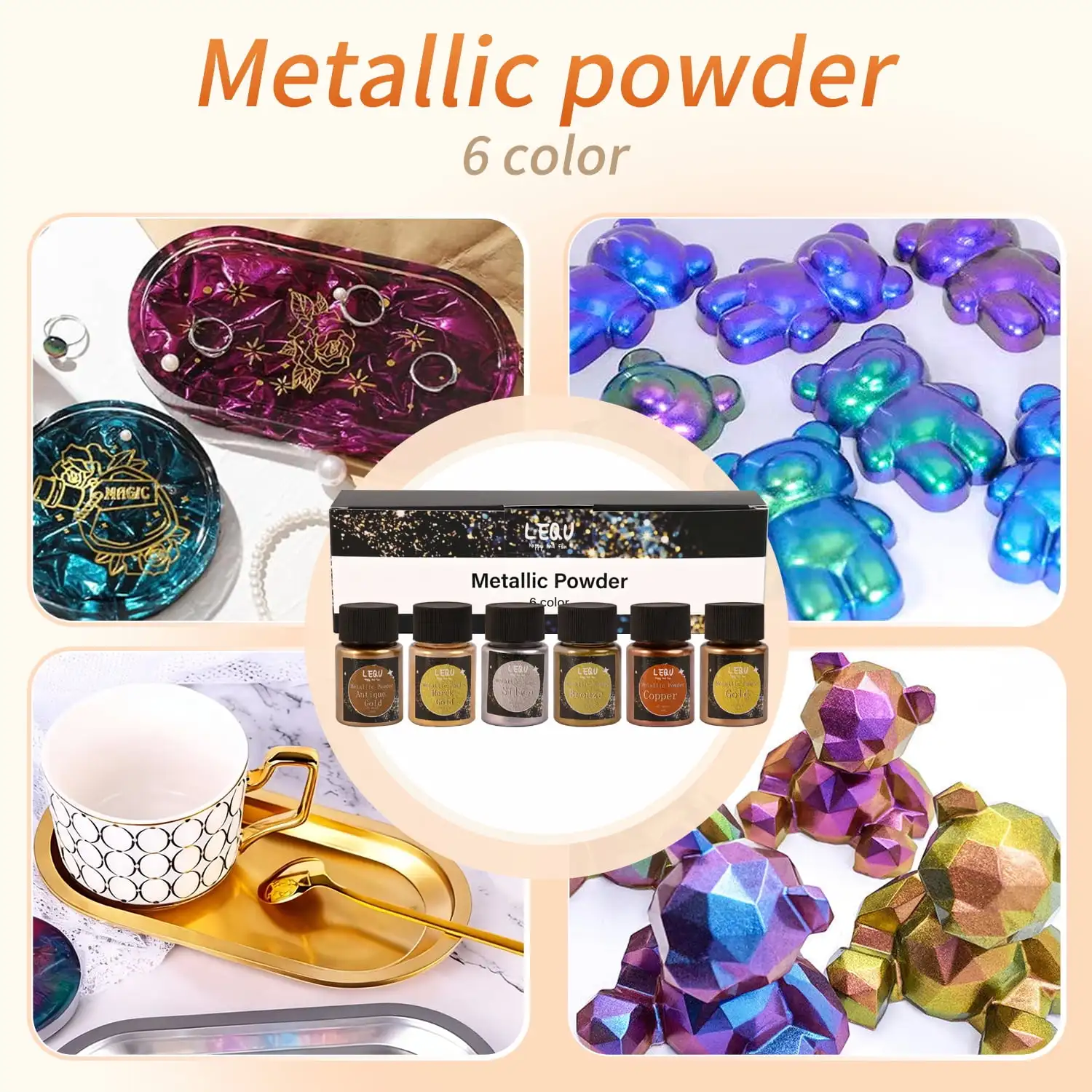 LEQU 6-Colour Metallic Powder Set, Iridescent Holographic Glitter, Suitable for Epoxy Resin Casting, Nail Art, Jewellery Making, Handmade Mug Coasters, Slime and DIY Decorations; Vibrant Craft Materials Ideal for Beginners’ Craft Projects
