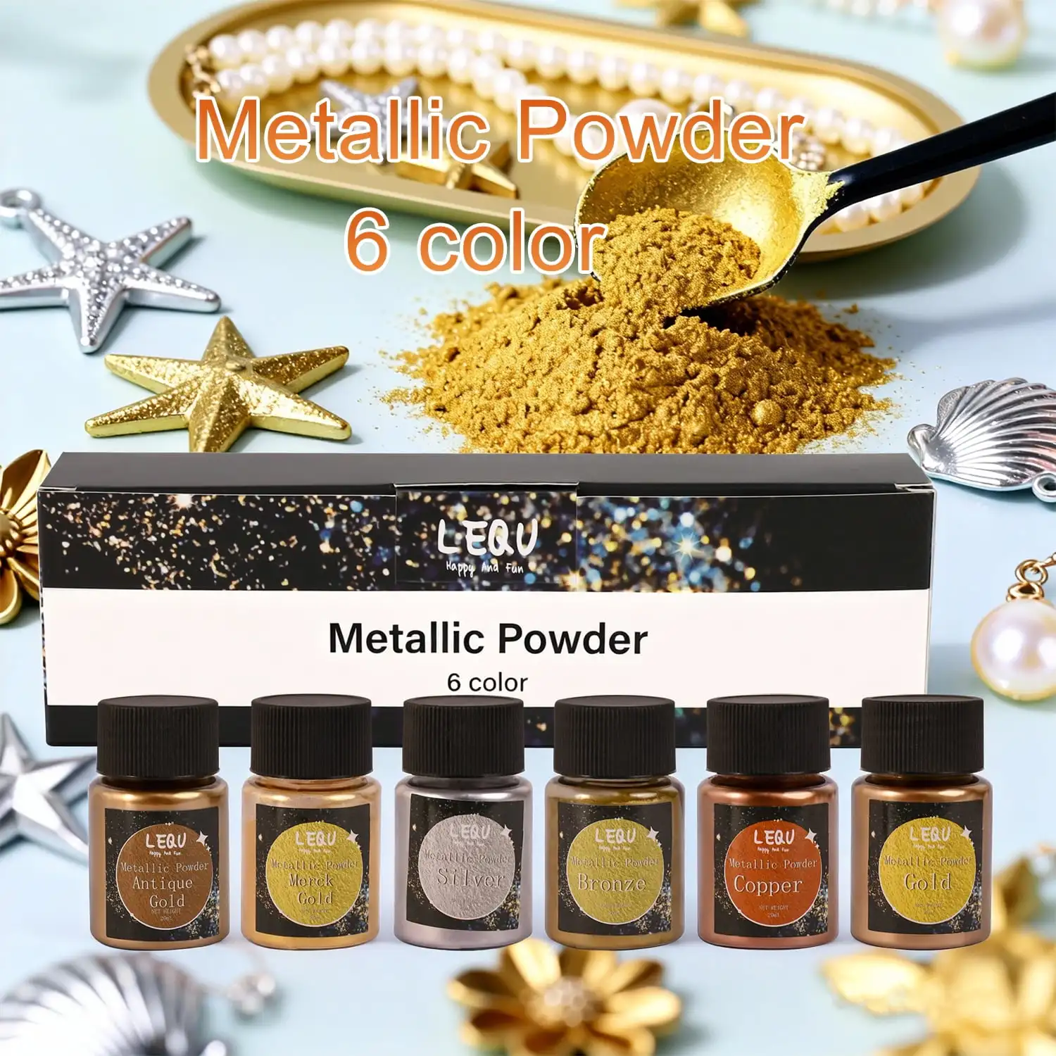 LEQU 6-Colour Metallic Powder Set, Iridescent Holographic Glitter, Suitable for Epoxy Resin Casting, Nail Art, Jewellery Making, Handmade Mug Coasters, Slime and DIY Decorations; Vibrant Craft Materials Ideal for Beginners’ Craft Projects