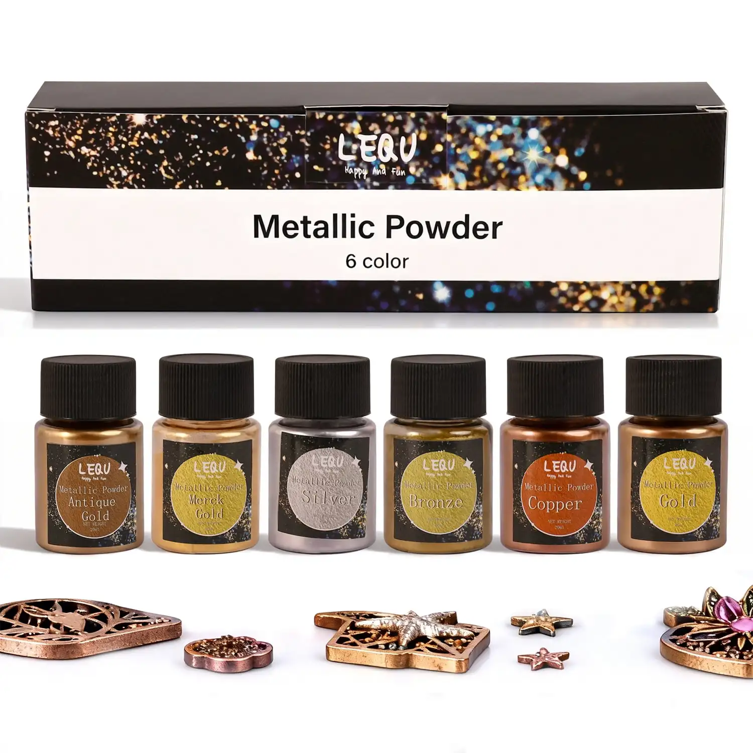 LEQU 6-Colour Metallic Powder Set, Iridescent Holographic Glitter, Suitable for Epoxy Resin Casting, Nail Art, Jewellery Making, Handmade Mug Coasters, Slime and DIY Decorations; Vibrant Craft Materials Ideal for Beginners’ Craft Projects