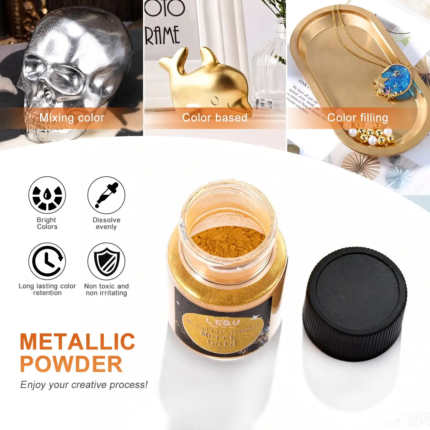 LEQU 6-Colour Metallic Powder Set, Iridescent Holographic Glitter, Suitable for Epoxy Resin Casting, Nail Art, Jewellery Making, Handmade Mug Coasters, Slime and DIY Decorations; Vibrant Craft Materials Ideal for Beginners’ Craft Projects