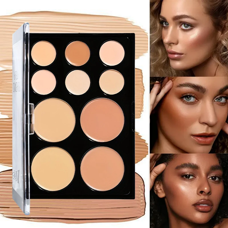 10 Colors Cream Contour Concealer Palette Highlighter Bronzer Face Makeup Kit with Brush,Waterproof Foundation for Beginners