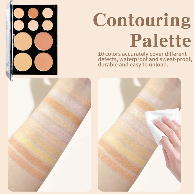 10 Colors Cream Contour Concealer Palette Highlighter Bronzer Face Makeup Kit with Brush,Waterproof Foundation for Beginners