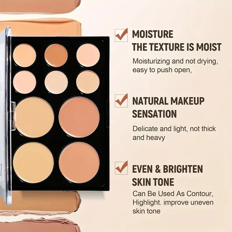10 Colors Cream Contour Concealer Palette Highlighter Bronzer Face Makeup Kit with Brush,Waterproof Foundation for Beginners