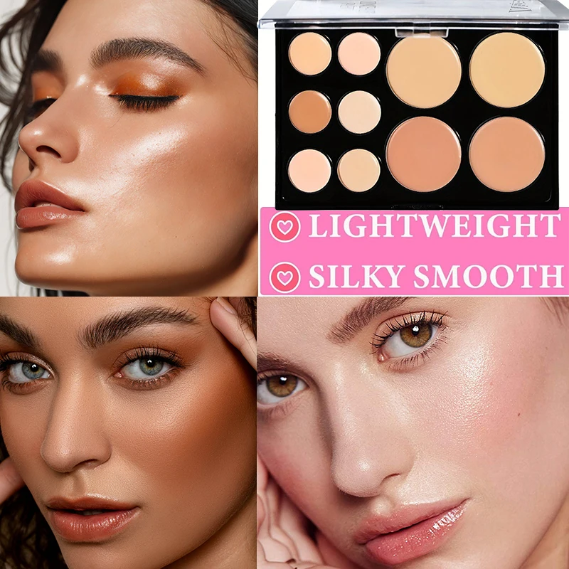 10 Colors Cream Contour Concealer Palette Highlighter Bronzer Face Makeup Kit with Brush,Waterproof Foundation for Beginners