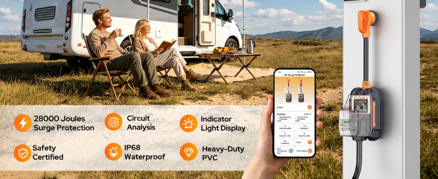 2026 RV Surge Protector 30 Amp 28000 Joules, Larger LED Display,RV Circuit Analyzer with Smart App & Bluetooth, IP68 RV Adapter Plug for Camper Travel Trailers