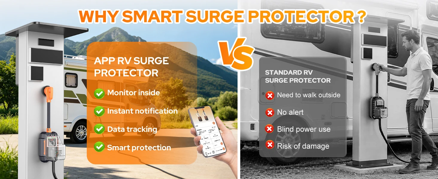 2026 RV Surge Protector 30 Amp 28000 Joules, Larger LED Display,RV Circuit Analyzer with Smart App & Bluetooth, IP68 RV Adapter Plug for Camper Travel Trailers