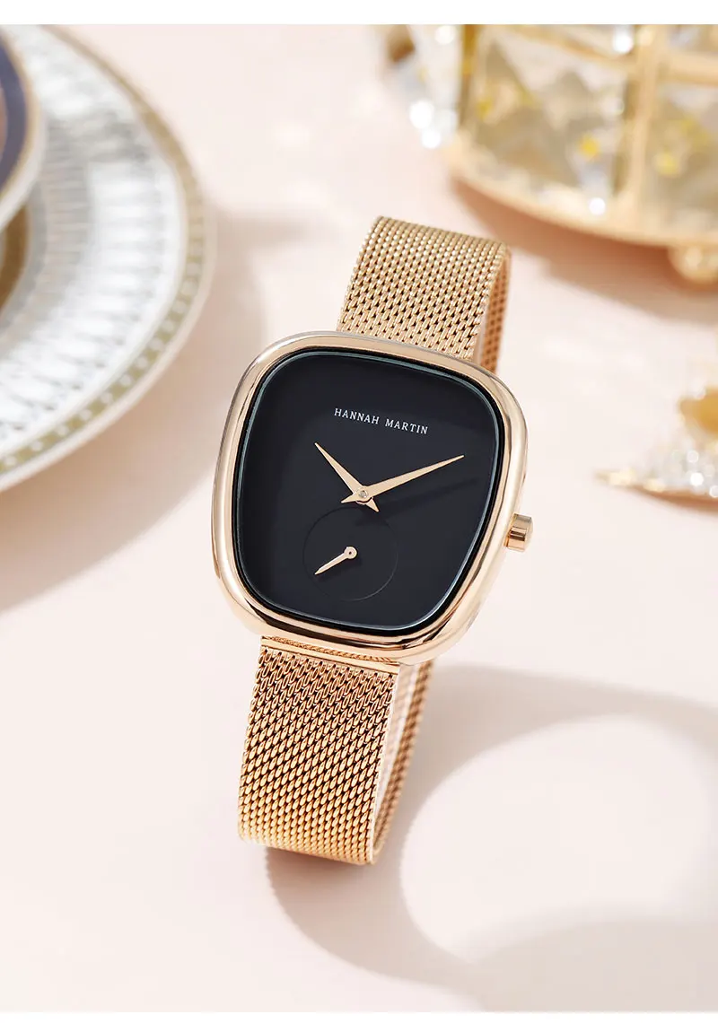 HANNAH MARTIN Hot selling Rose Gold Quartz Watch Women's 34mm Wine Barrel Simple Black Stopwatch Fashionable Minimalist Style Oval Women's Watches Japan Leisure Watches Ladies Clock Local Watch Women Mesh with Quartz Movement Original Ladies Watch
