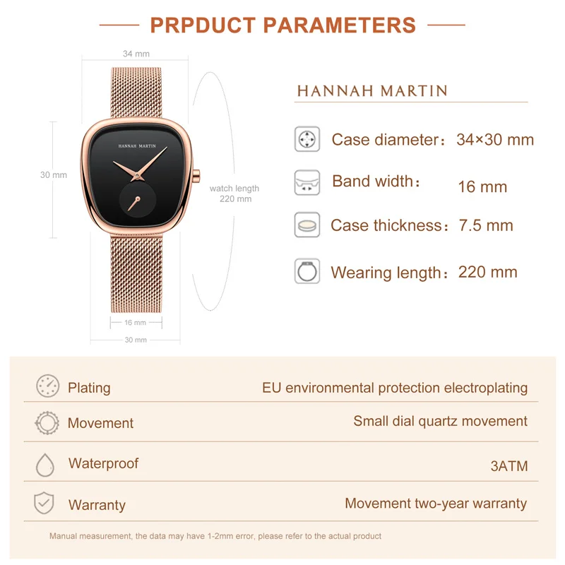 HANNAH MARTIN Hot selling Rose Gold Quartz Watch Women's 34mm Wine Barrel Simple Black Stopwatch Fashionable Minimalist Style Oval Women's Watches Japan Leisure Watches Ladies Clock Local Watch Women Mesh with Quartz Movement Original Ladies Watch