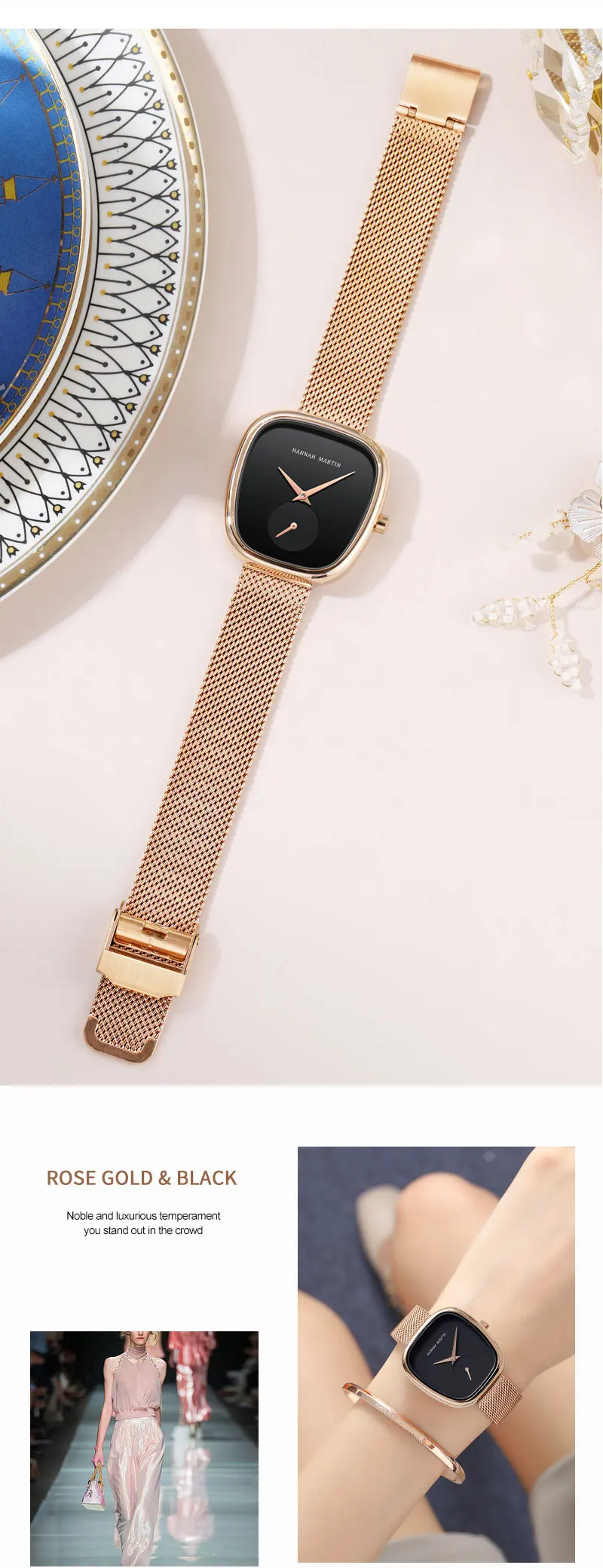 HANNAH MARTIN Hot selling Rose Gold Quartz Watch Women's 34mm Wine Barrel Simple Black Stopwatch Fashionable Minimalist Style Oval Women's Watches Japan Leisure Watches Ladies Clock Local Watch Women Mesh with Quartz Movement Original Ladies Watch