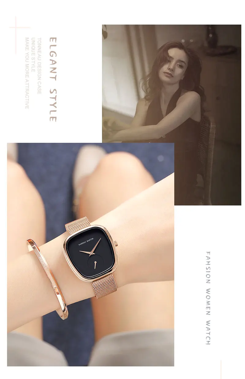 HANNAH MARTIN Hot selling Rose Gold Quartz Watch Women's 34mm Wine Barrel Simple Black Stopwatch Fashionable Minimalist Style Oval Women's Watches Japan Leisure Watches Ladies Clock Local Watch Women Mesh with Quartz Movement Original Ladies Watch