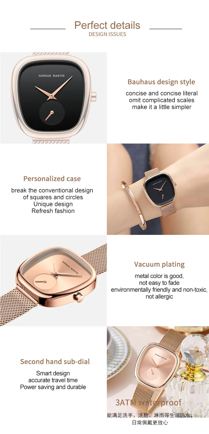 HANNAH MARTIN Hot selling Rose Gold Quartz Watch Women's 34mm Wine Barrel Simple Black Stopwatch Fashionable Minimalist Style Oval Women's Watches Japan Leisure Watches Ladies Clock Local Watch Women Mesh with Quartz Movement Original Ladies Watch