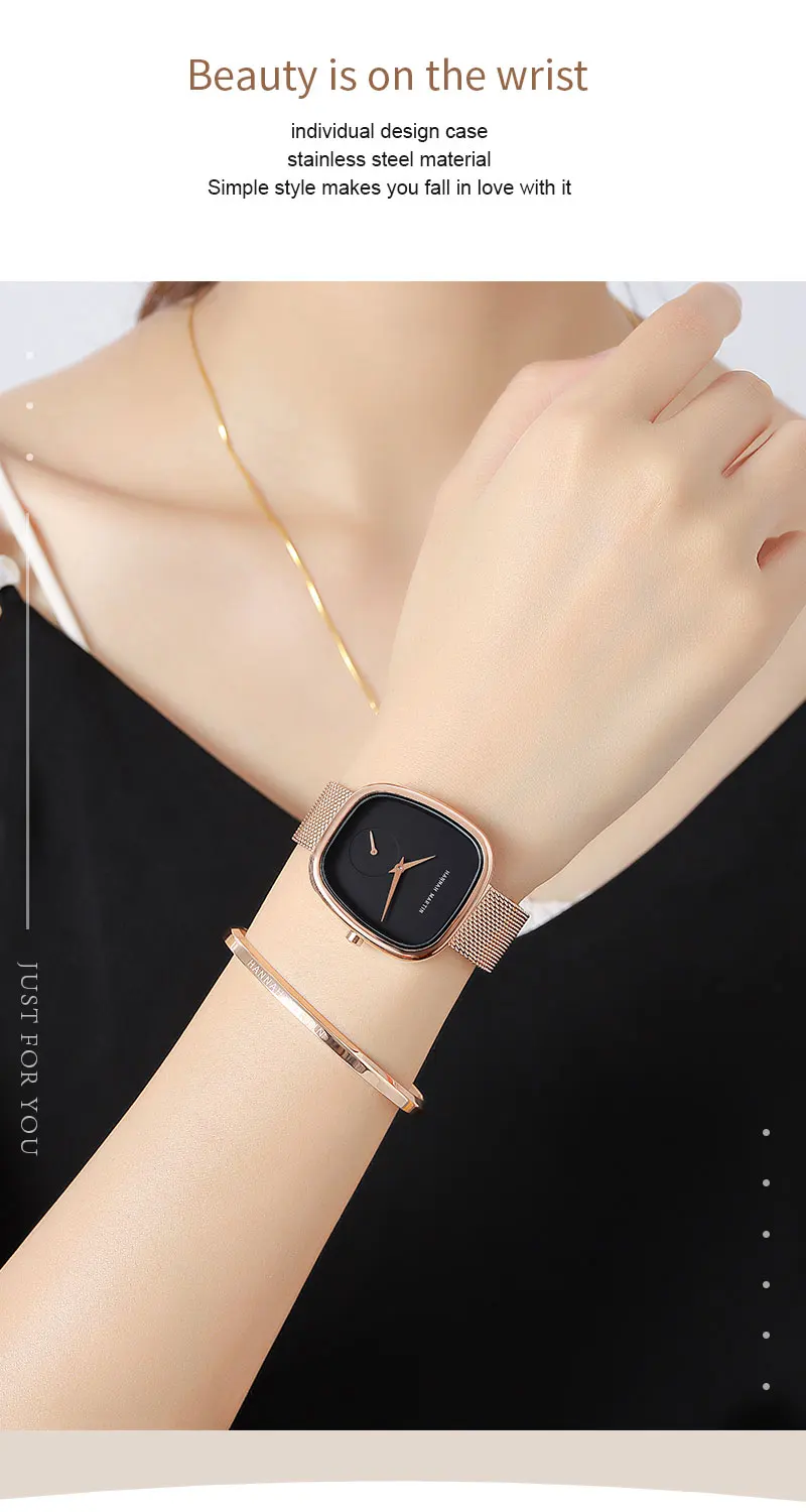 HANNAH MARTIN Hot selling Rose Gold Quartz Watch Women's 34mm Wine Barrel Simple Black Stopwatch Fashionable Minimalist Style Oval Women's Watches Japan Leisure Watches Ladies Clock Local Watch Women Mesh with Quartz Movement Original Ladies Watch